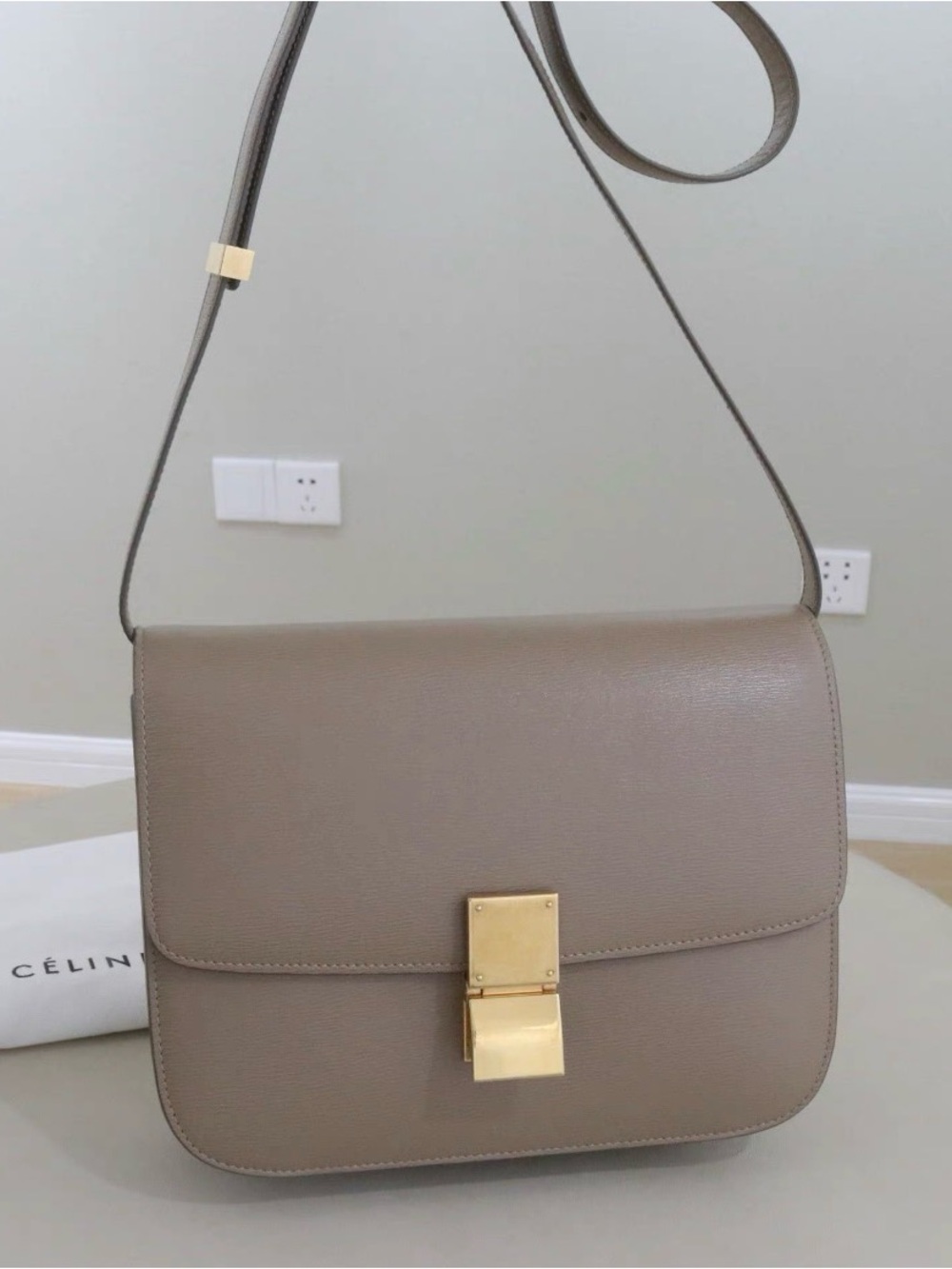 Celine Taupe Leather Boxy Crossbody with Gold Lock